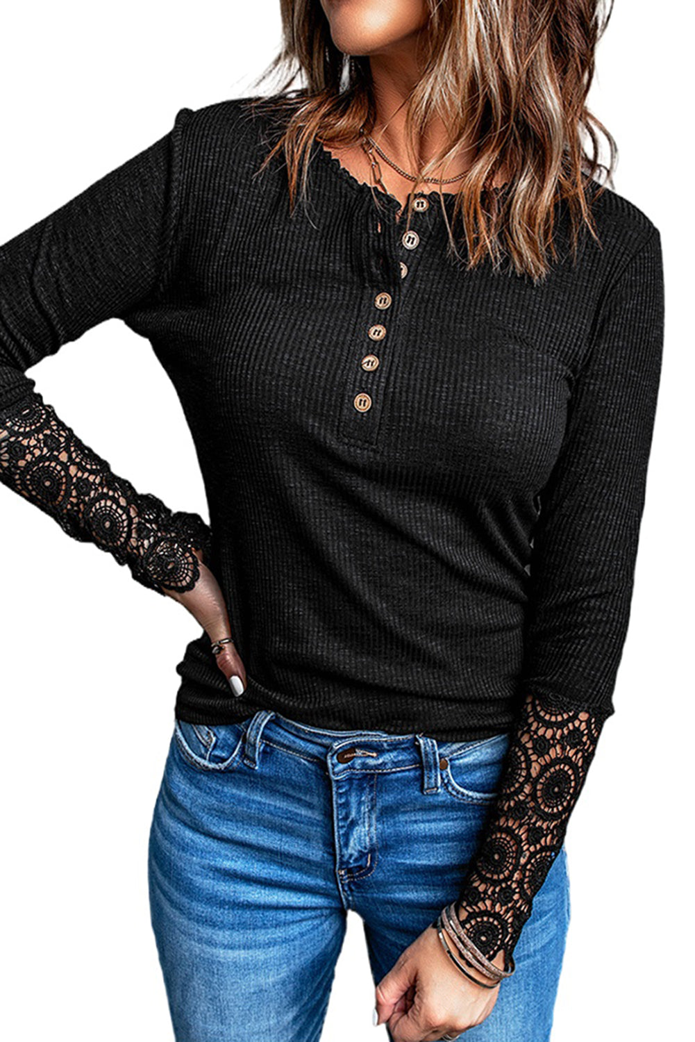 Crochet Lace Sleeve Henley Top