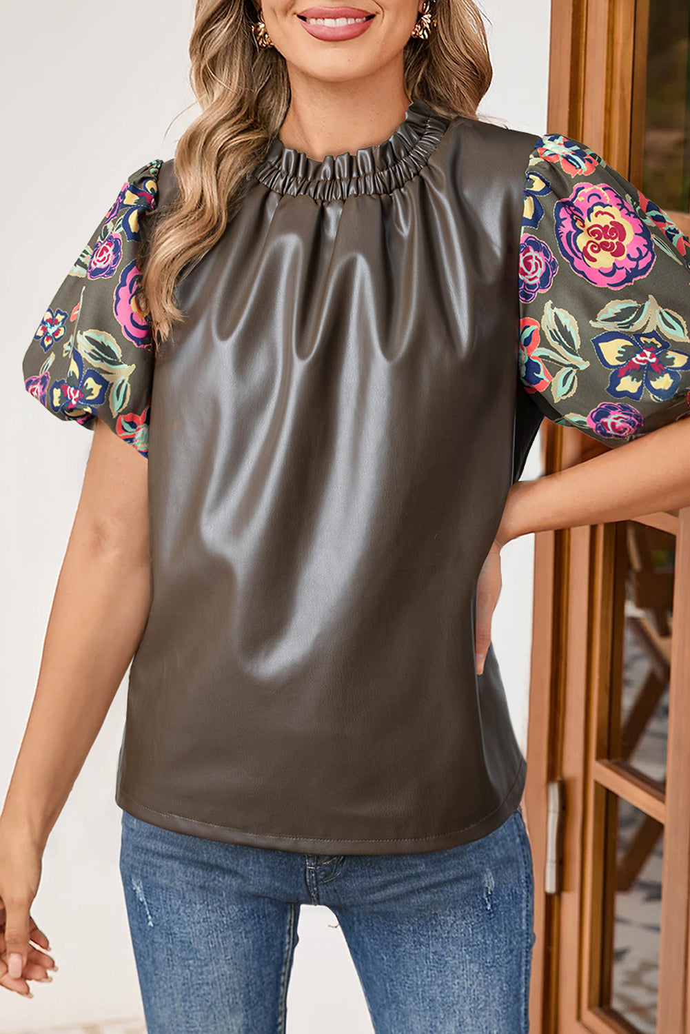 Floral Leatherette Bubble Sleeve Blouse