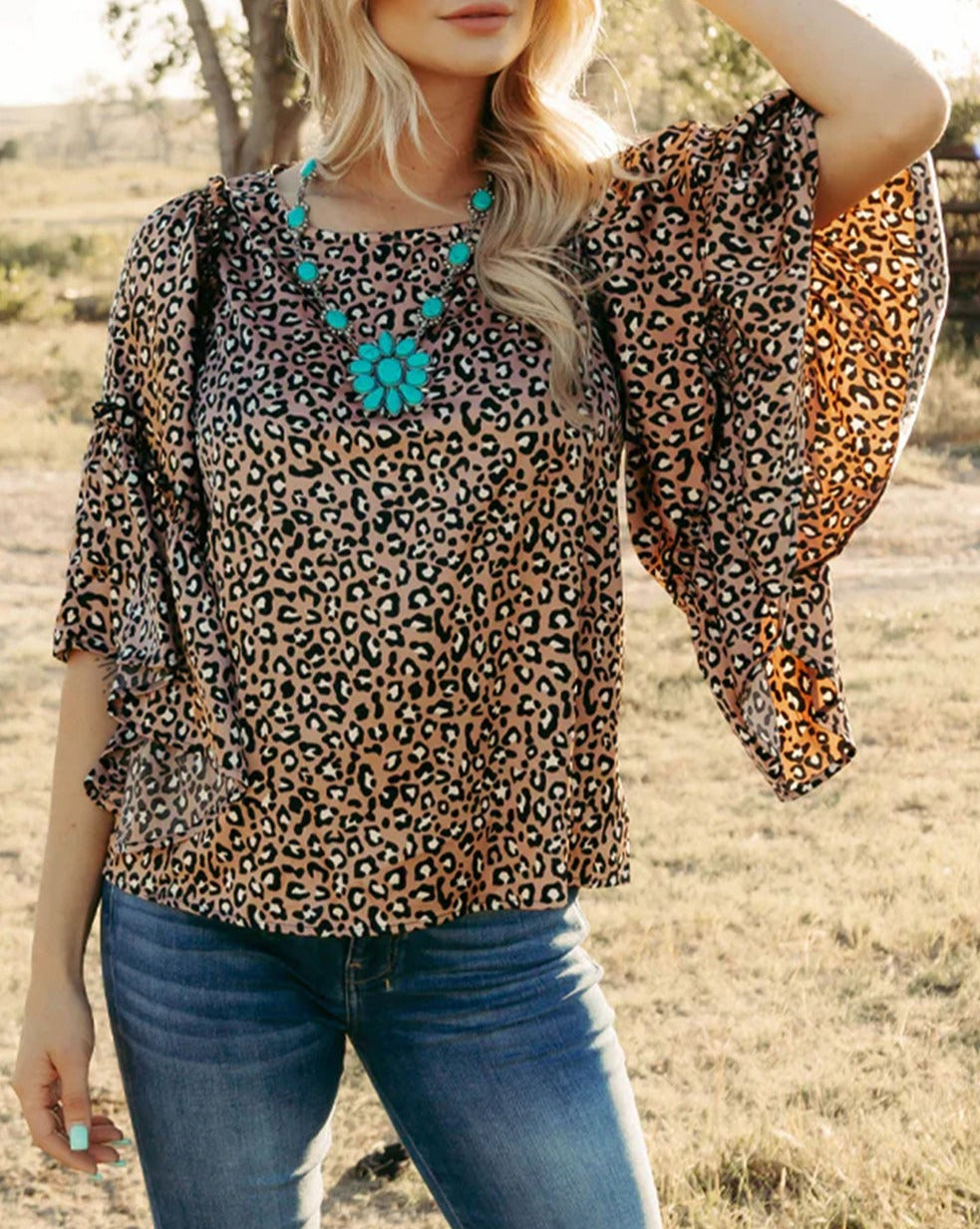 Leopard Ruffle Wide Sleeve Blouse