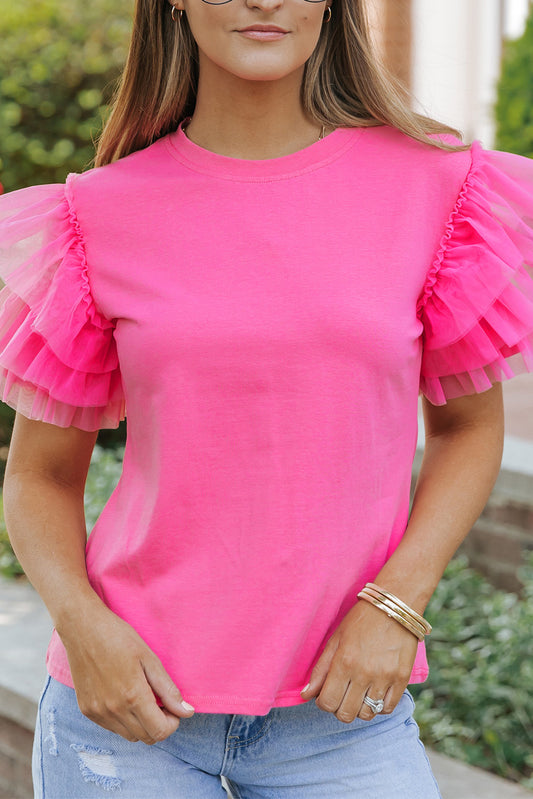 Tulle Ruffle Short Sleeve Top