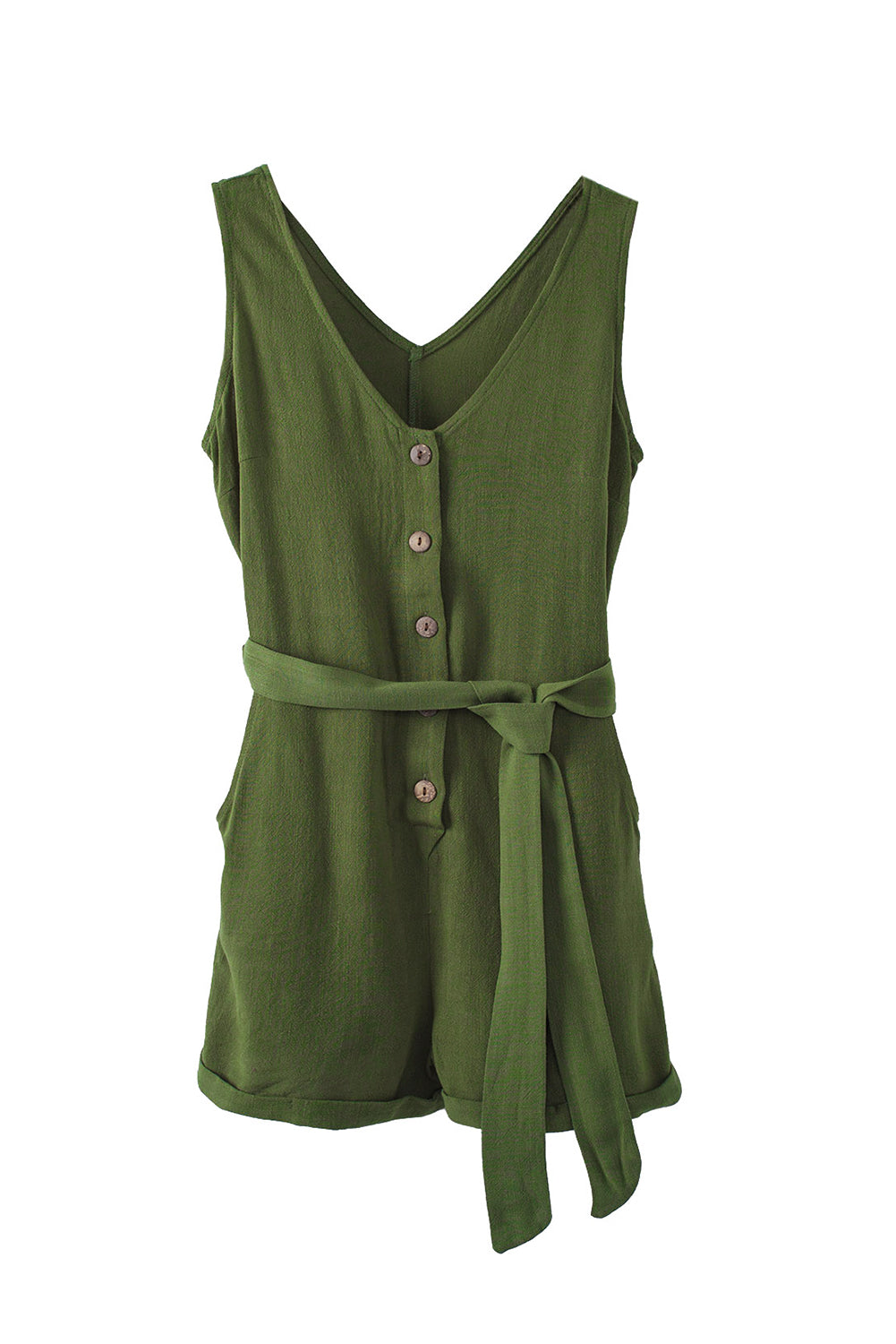 Buttoned V-Neck Belted Romper