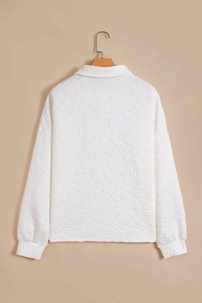 Solid Floral Textured Buttoned Collar Sweatshirt