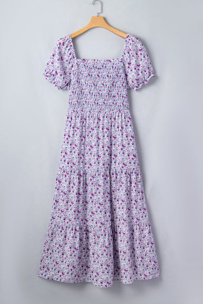 Plus Size Floral Smocked Square Neck Maxi Dress