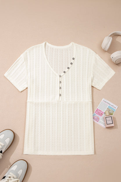 Solid Textured Knit V-Neck Henley Tee