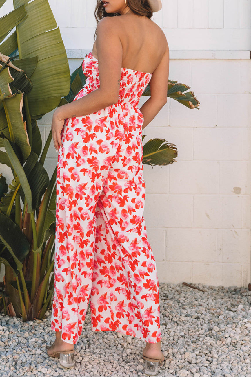 Pink Floral Print Twisted Bandeau Keyhole Pleated Wide Leg Jumpsuit