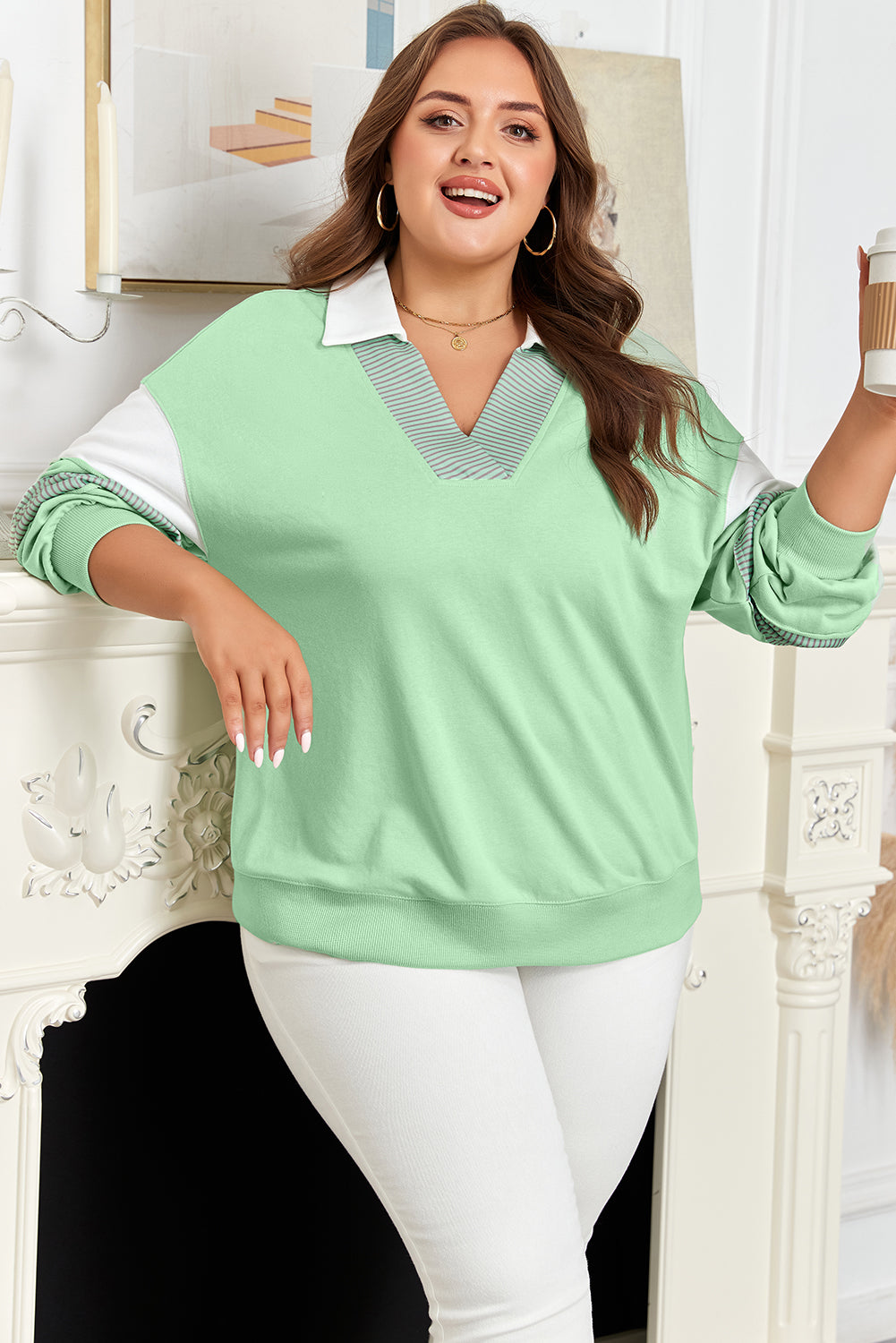 Plus Size Colorblock Stripe Patchwork Collared V-Neck Sweatshirt