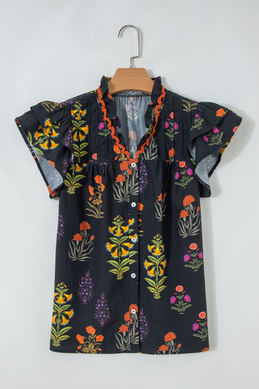 Floral Lace Trim V-Neck Frilled Short Sleeve Shirt