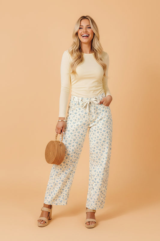Floral Grommet Knot Waist Barrel Leg Jeans