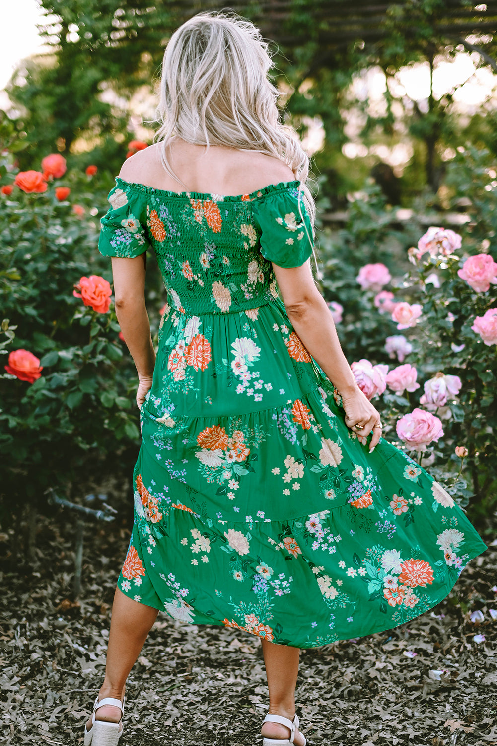 Floral Bubble Sleeve Smocked Tiered Midi Dress