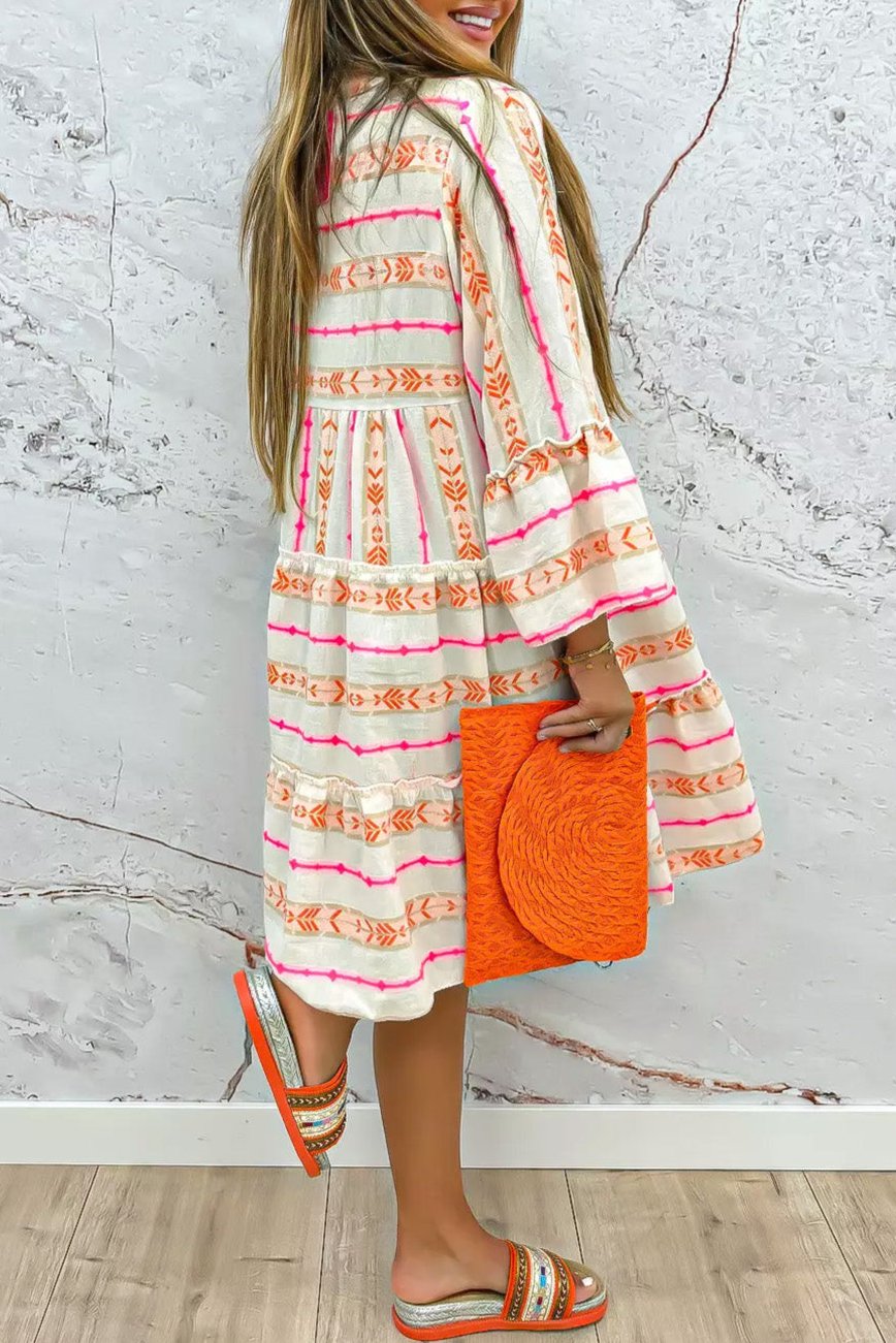 Boho Stripe 3/4 Sleeve Ruffle Dress