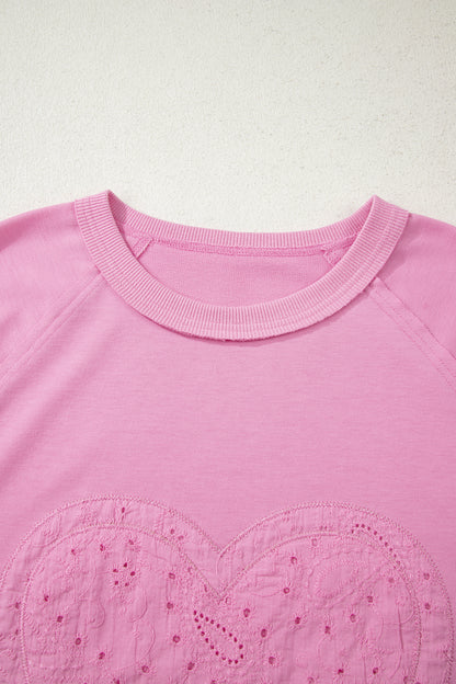 Heart Embroidered Eyelet Patchwork Long Sleeve Top