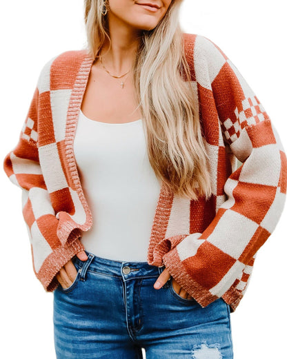 Checkered Open Front Knit Cardigan