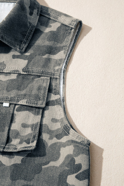 Camo Denim Cargo Pocket Buttoned Vest