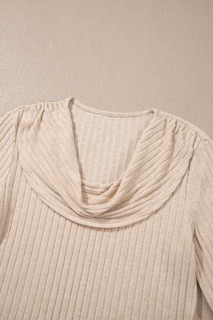 Solid Ribbed Knit Cowl Neck Long Sleeve Top