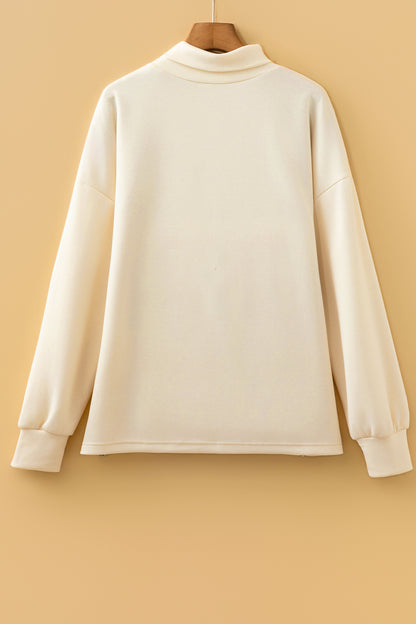 Leopard Trim Split Hem Mock Neck Long Sleeve Top