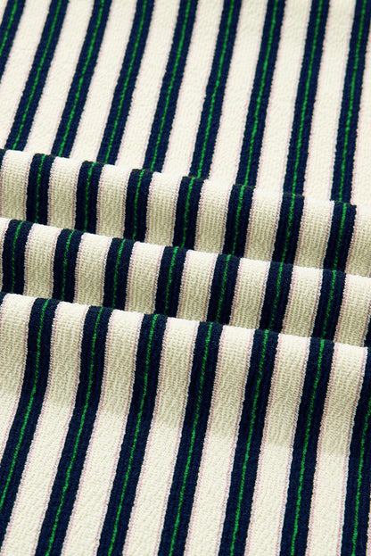 Stripe Contrast Trim Collared Zip Long Sleeve Top