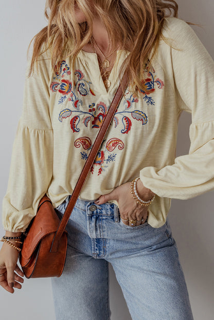 Floral Paisley Embroidered V-Neck Blouse