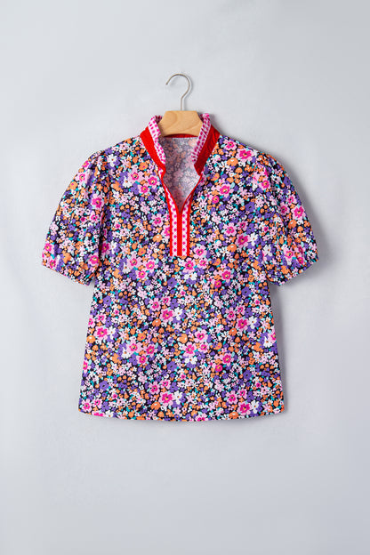 Floral Gingham Colorblock Trim V-Neck Blouse