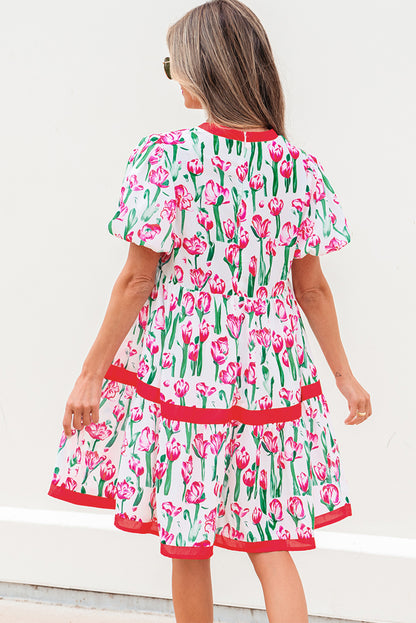 Floral Contrast Trim V-Neck Babydoll Dress