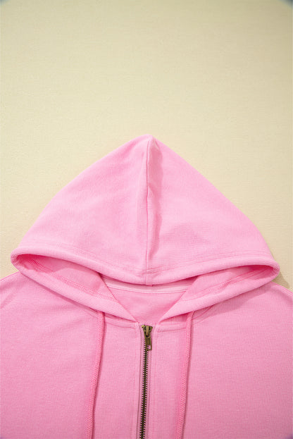 Solid Ribbed Zip-Up Drawstring Hooded Jacket