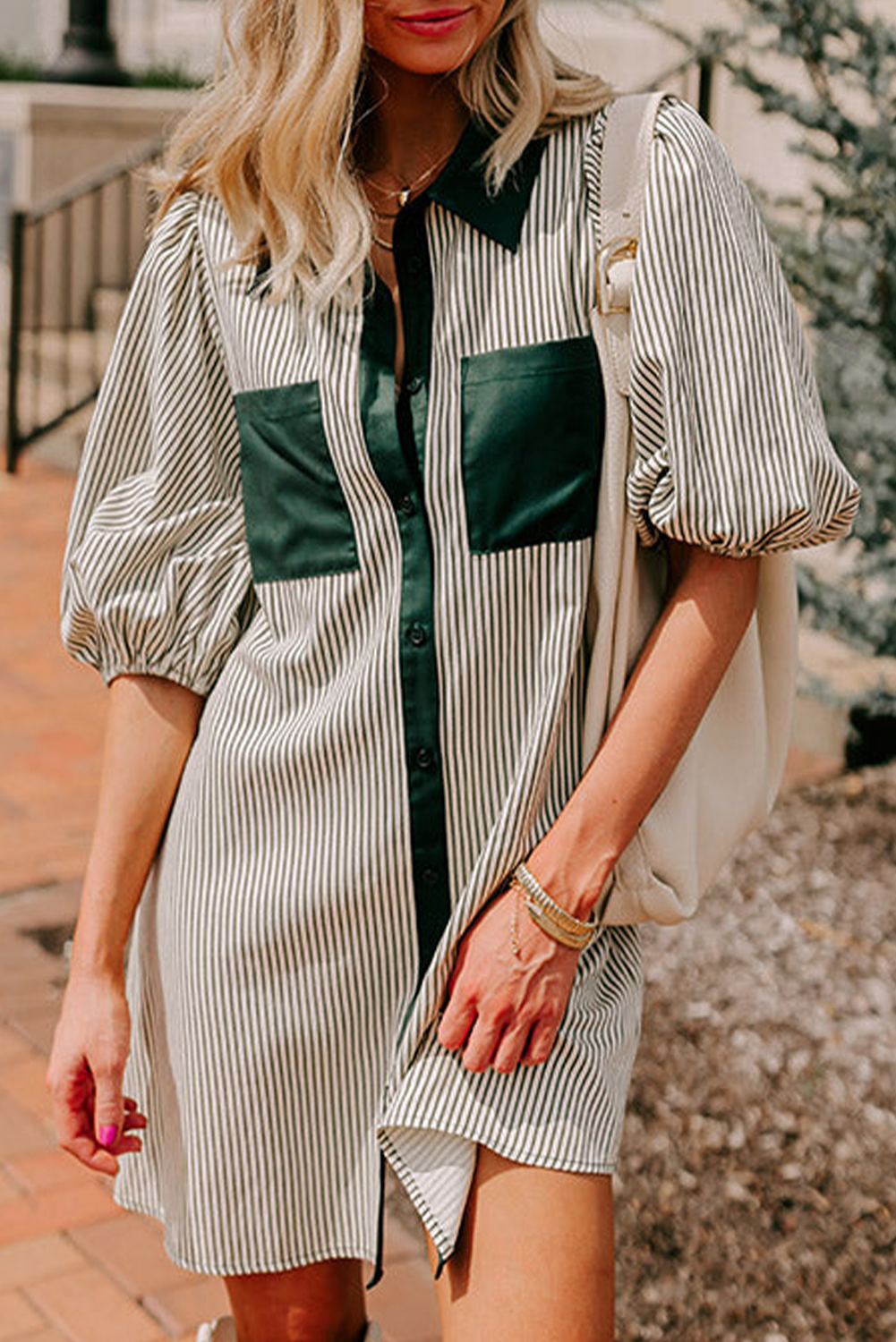 Stripe Puff Sleeve Buttoned Dress