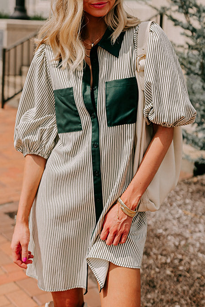 Stripe Puff Sleeve Buttoned Dress