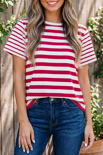 Stripe Patchwork Round Neck Short Sleeve T-Shirt