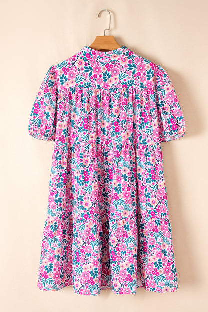 Plus Size Floral Half-Button Puff Sleeve Dress