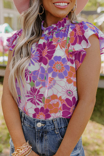 Floral Mock Neck Flutter Sleeves Top