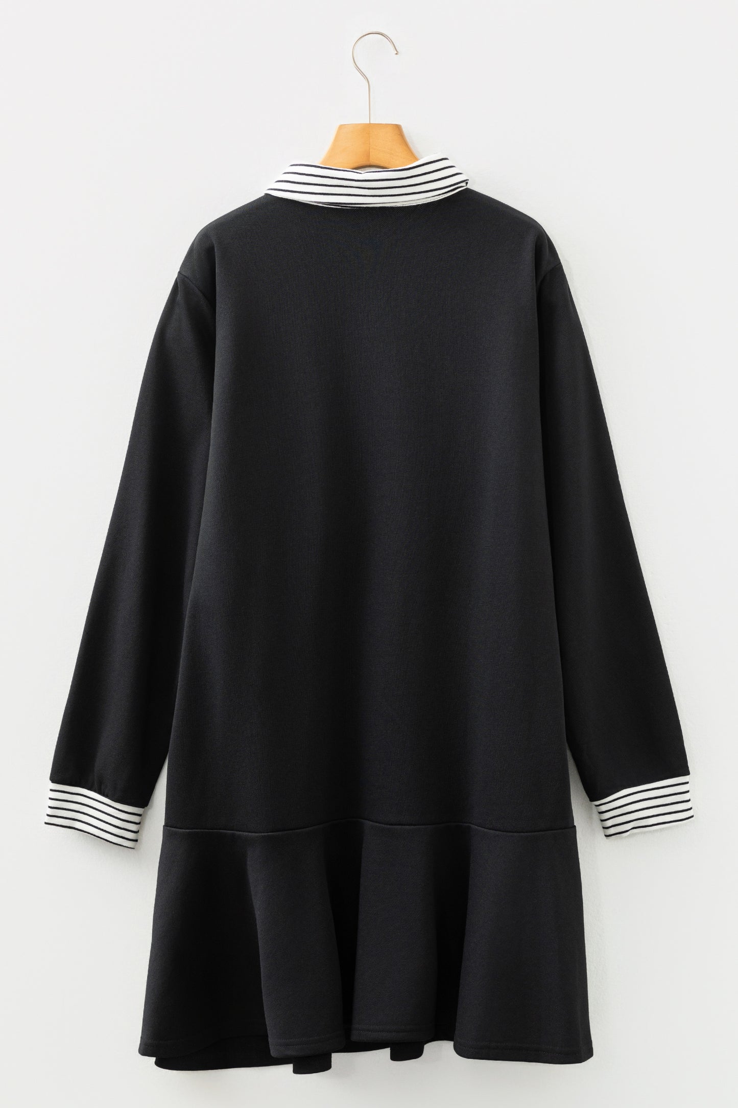 Plus Size Stripe Cuffs Collared Ruffle Hem Dress