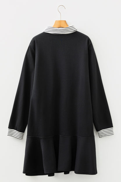 Plus Size Stripe Cuffs Collared Ruffle Hem Dress