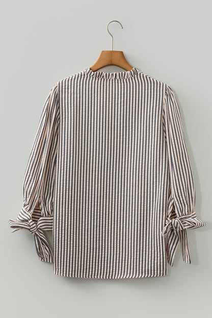 Stripe Knotted Cuff 3/4 Sleeve V-Neck Blouse