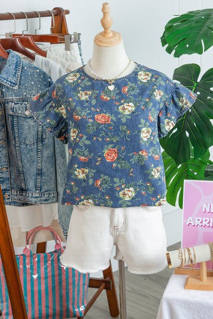 Floral Denim Ruffle Short Sleeve Top