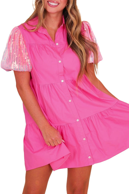 Sequin Puff Sleeve Shirt Dress