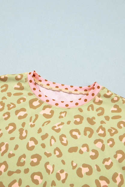 Leopard Polka Dot Colorblock Trim Long Sleeve Top