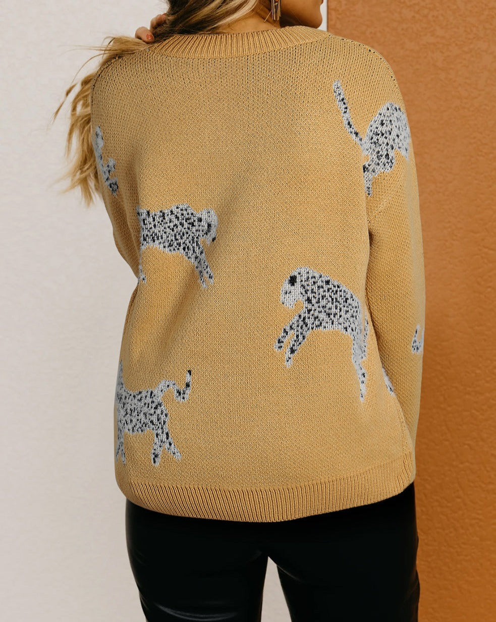 Cheetah Ribbed Trim Crewneck Sweater