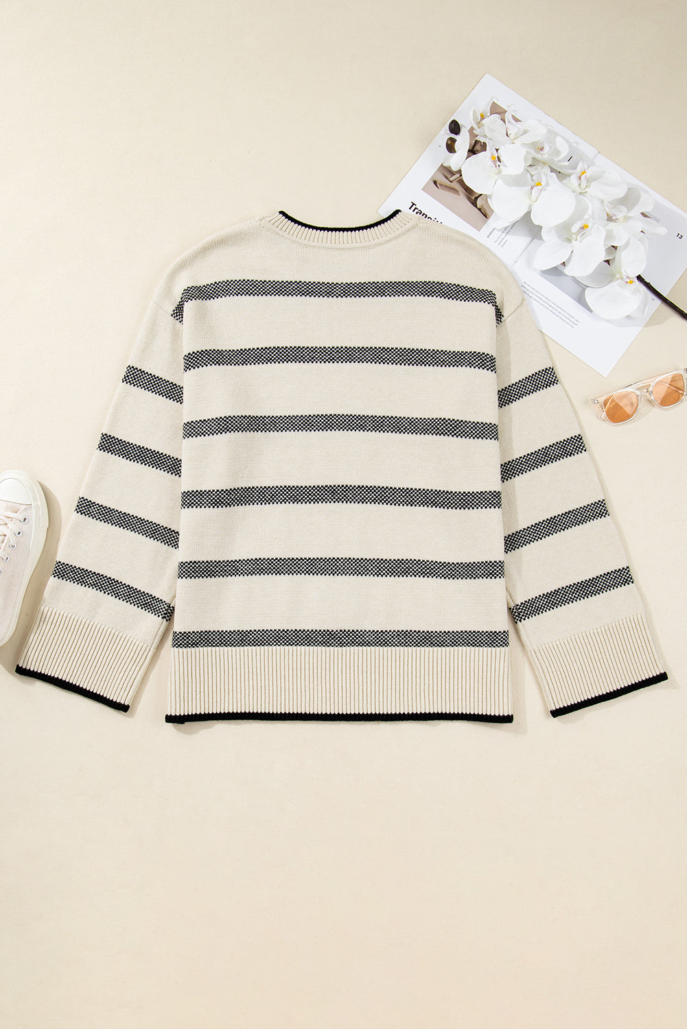 Plus Size Stripe Wide Sleeve Crewneck Sweater