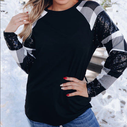 Sequin Plaid Patchwork Raglan Top