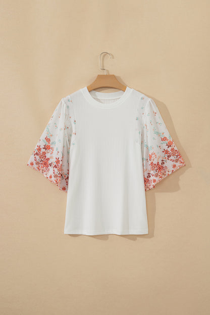Floral Patchwork Ribbed Knit Short Sleeve Top