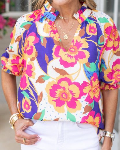 Floral Split Neck Frilled Blouse