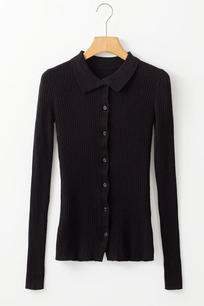 Ribbed Knit Collared Button-Up Cardigan