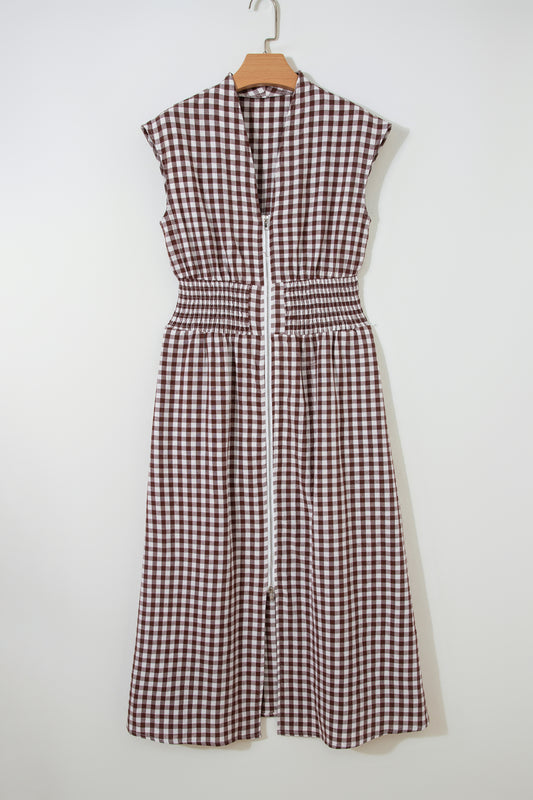 Gingham Plaid Zipped Cinched Waist Maxi Dress