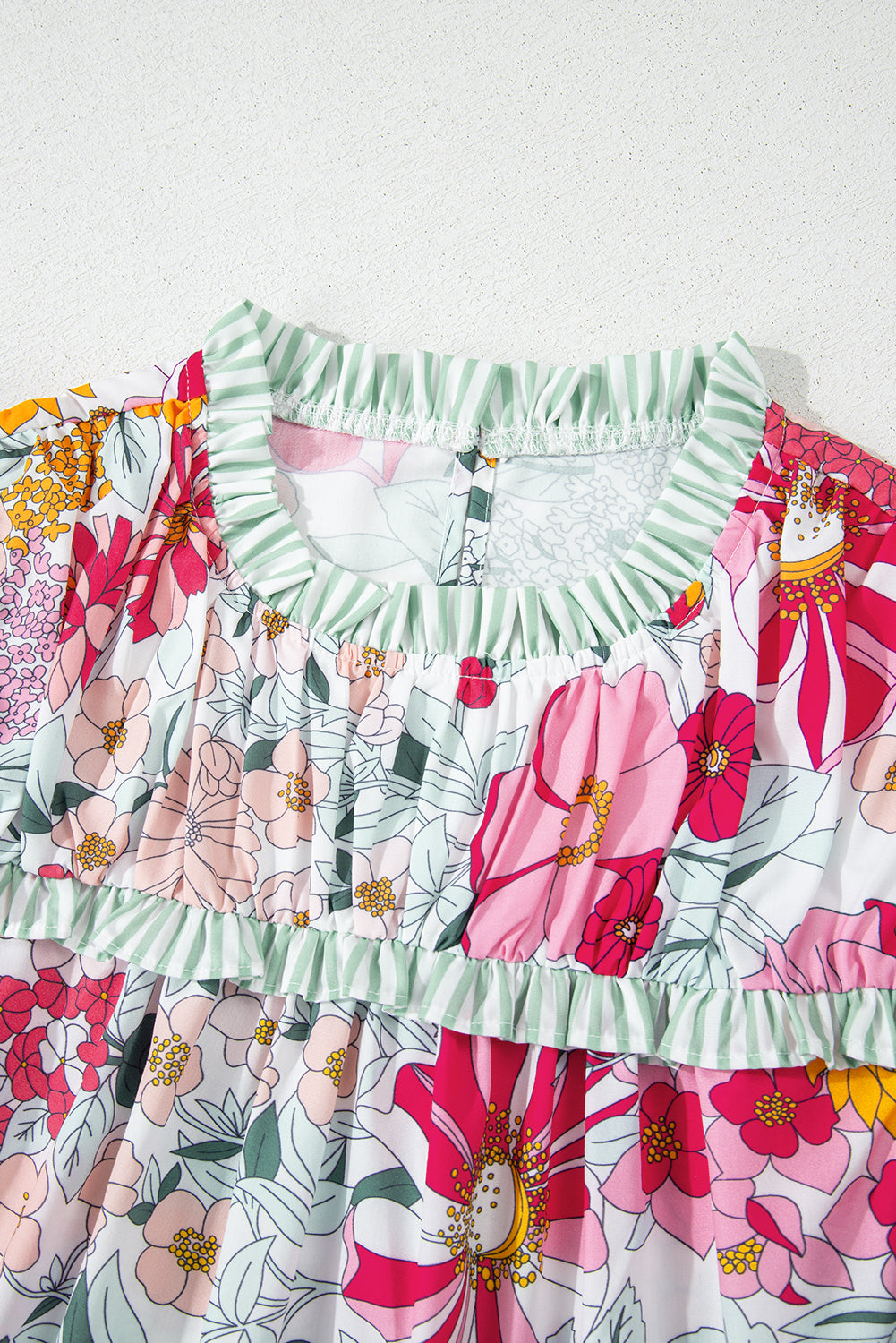 Floral Stripe Patchwork Ruffle Short Sleeve Blouse