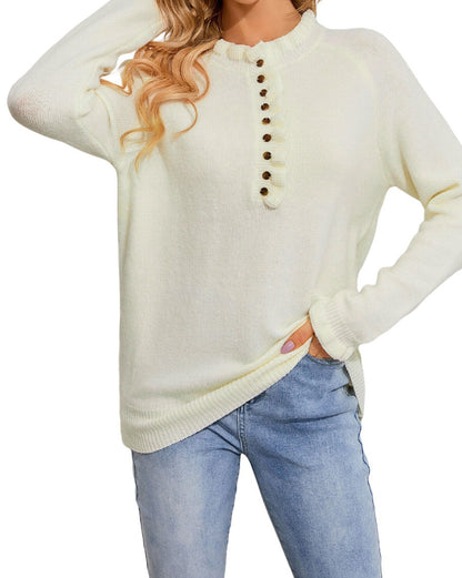 Frilled Half Buttoned Pullover Sweater