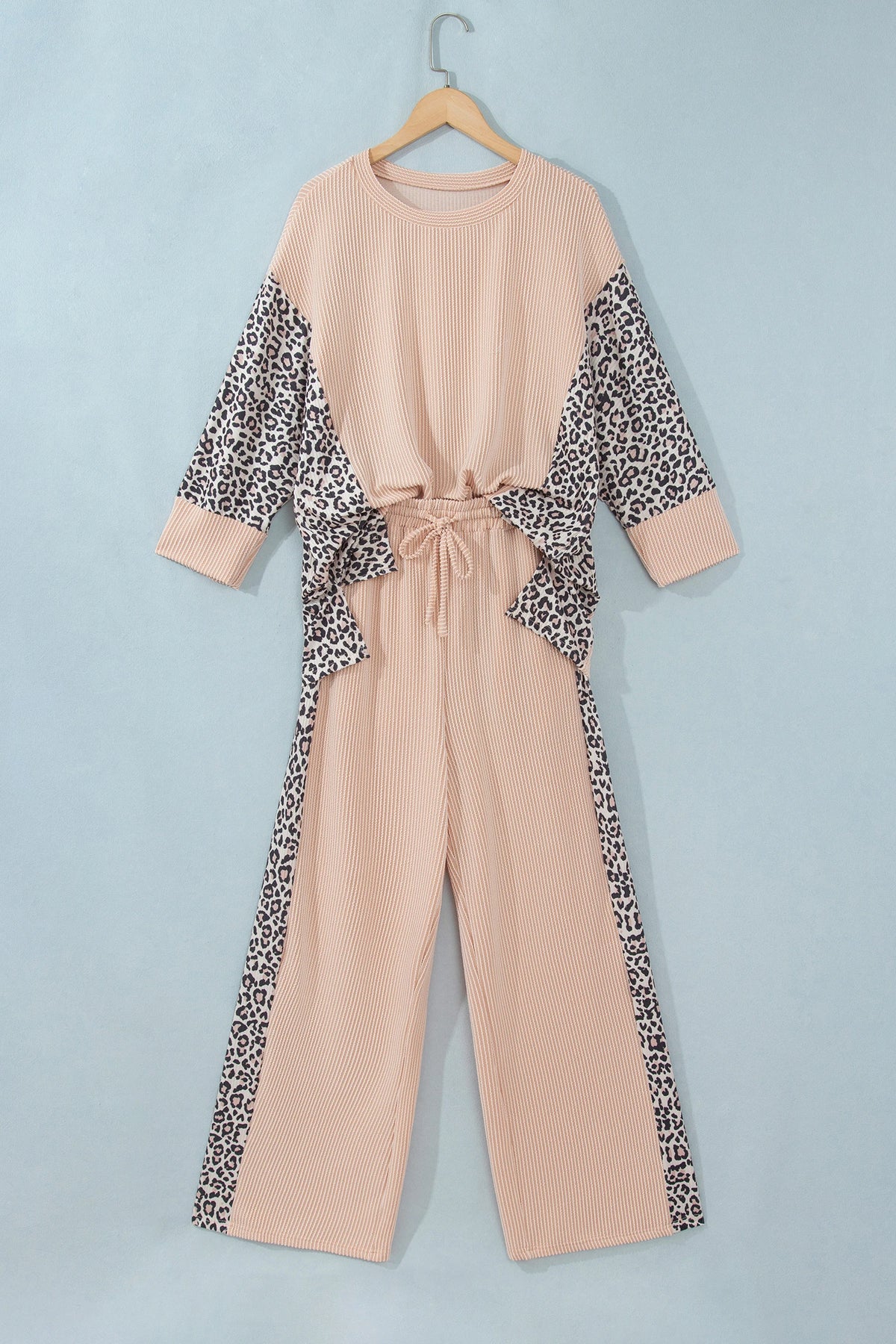 Leopard Patchwork Corded Knit Top & Pants Set