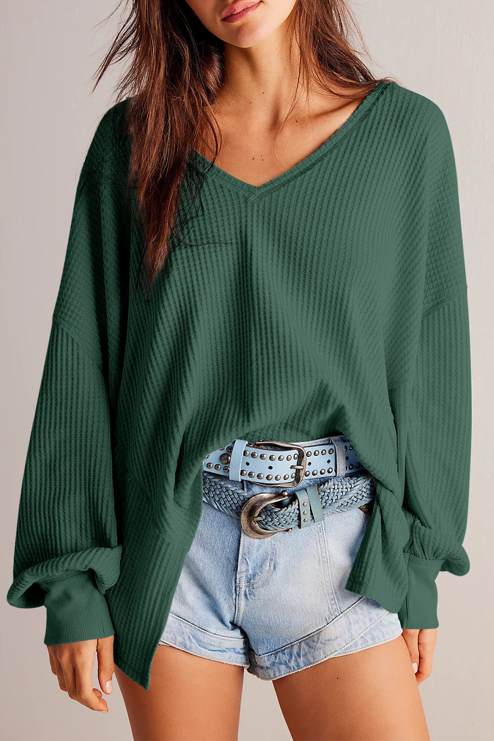 Waffle V-Neck Long Sleeve Blouse