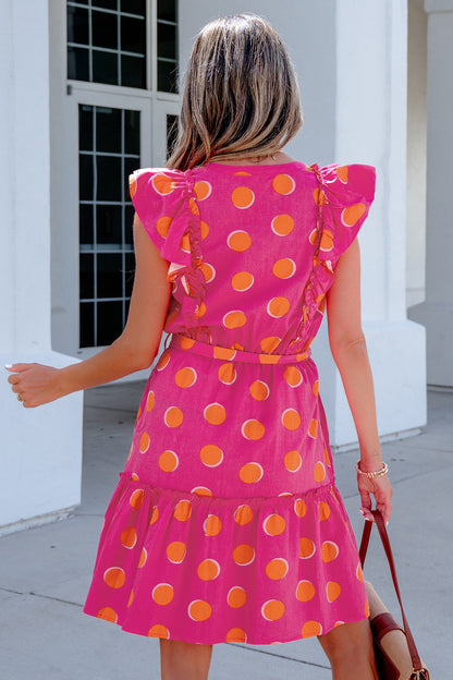 Polka Dot V-Neck Ruffle Belted Mini Dress