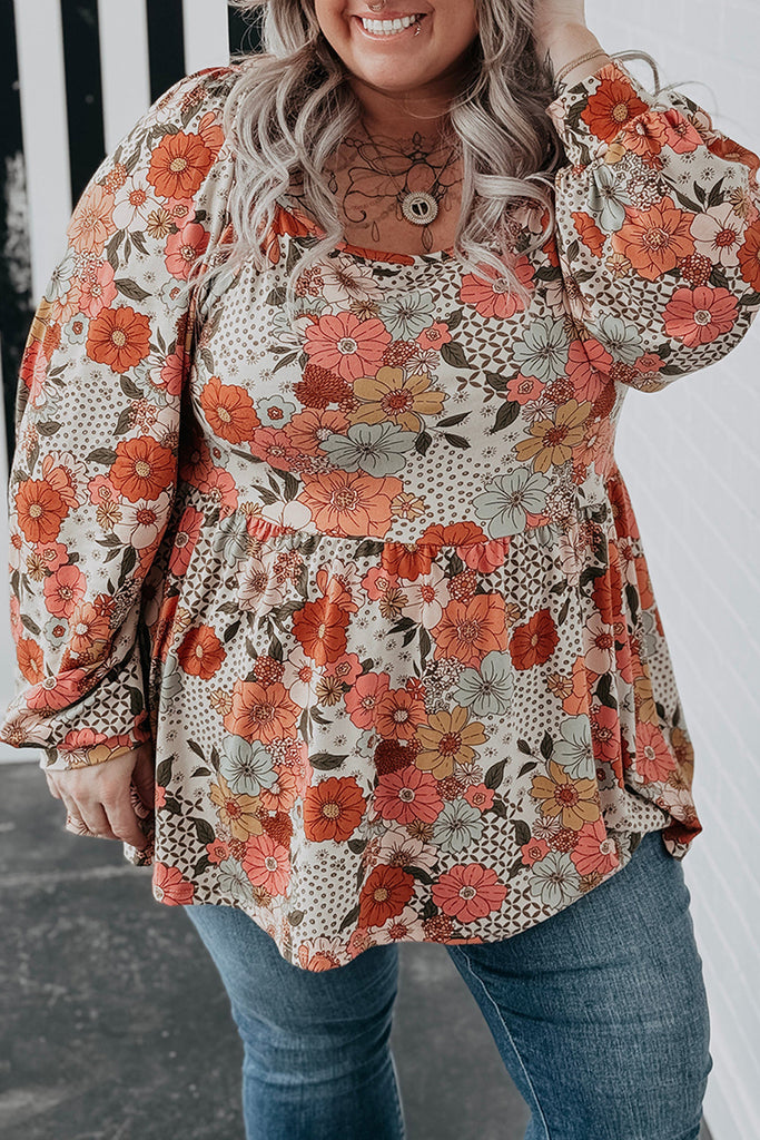 Floral Square Neck Peplum Blouse Plus Size