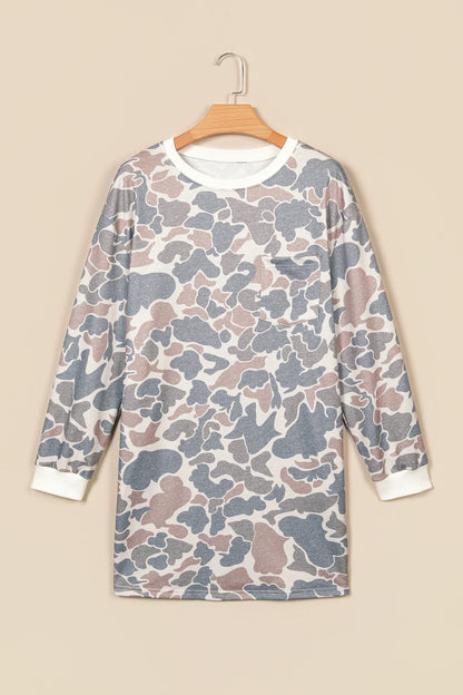 Camo Chest Pocket Long Sleeve Mini Dress