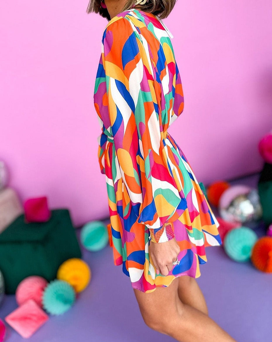 Abstract Belted Puff Sleeve Dress